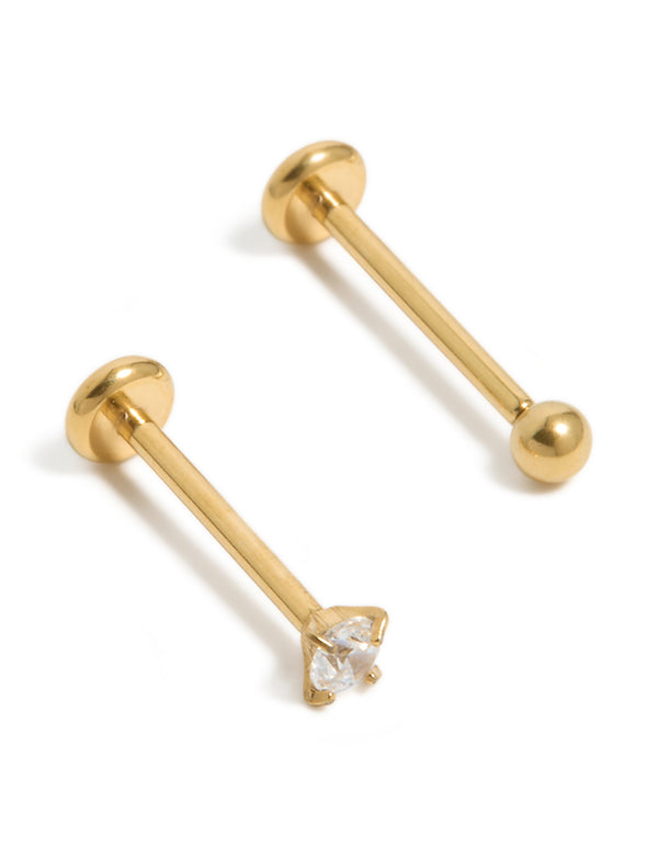 Displaying gold plated titanium cubic zirconia threadless flat back nose stud with ball detail front view