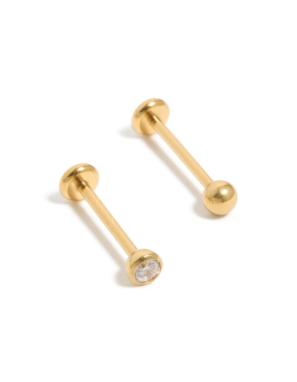 Presenting gold plated titanium bezel threadless flat back nose studs featuring bar detail, balls accent, diamond embellishment, and hoop closure side view