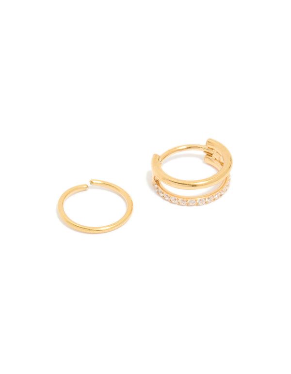 Gold Plated Surgical Steel Cubic Zirconia & Simple Nose Rings 2-Pack