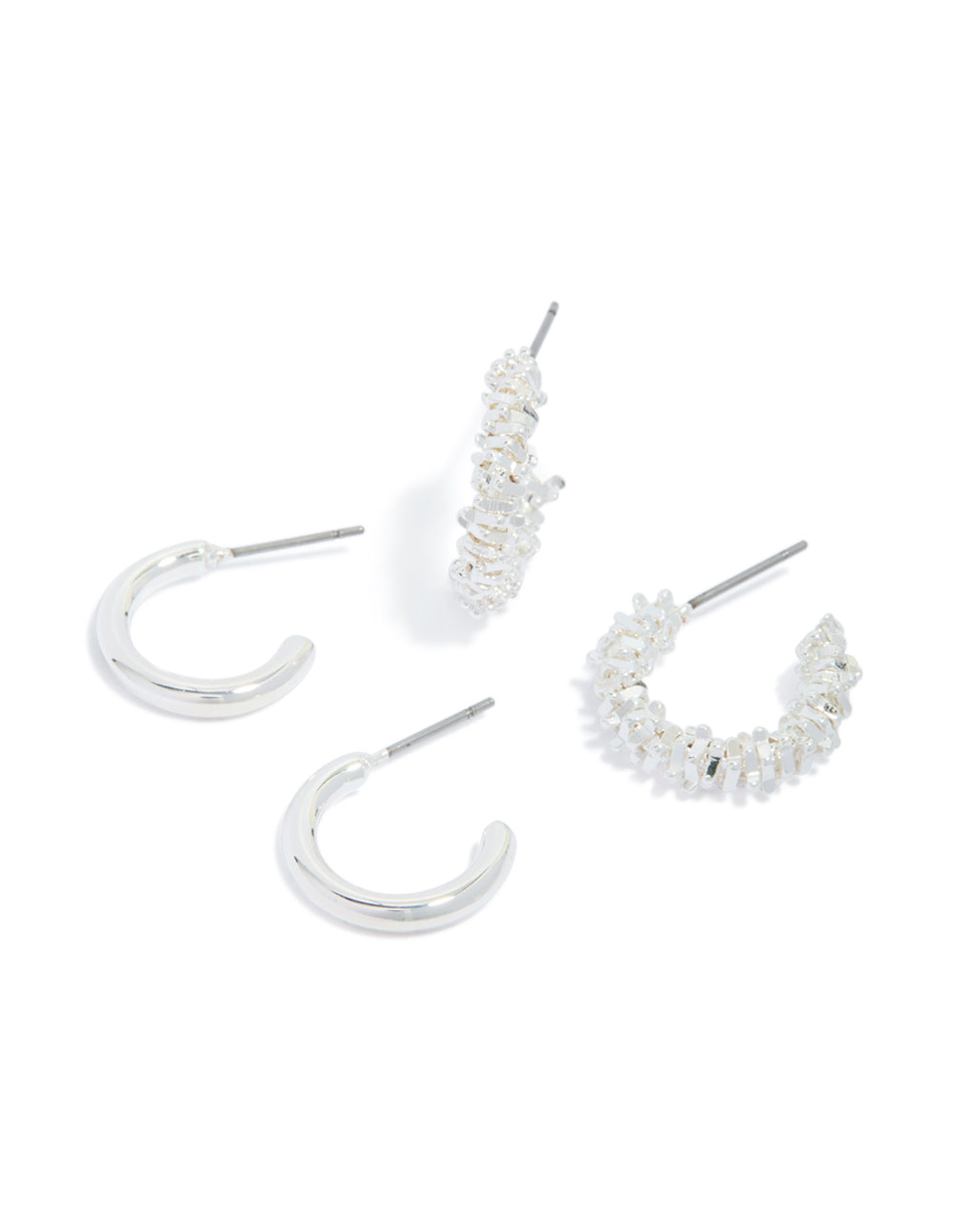 Silver Molten Smooth & Textured Open Hoop Earrings 2-Pack