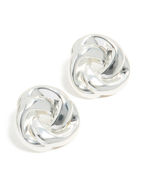 Showcasing statement stud earrings with twisted rope circle design in silver with a front view