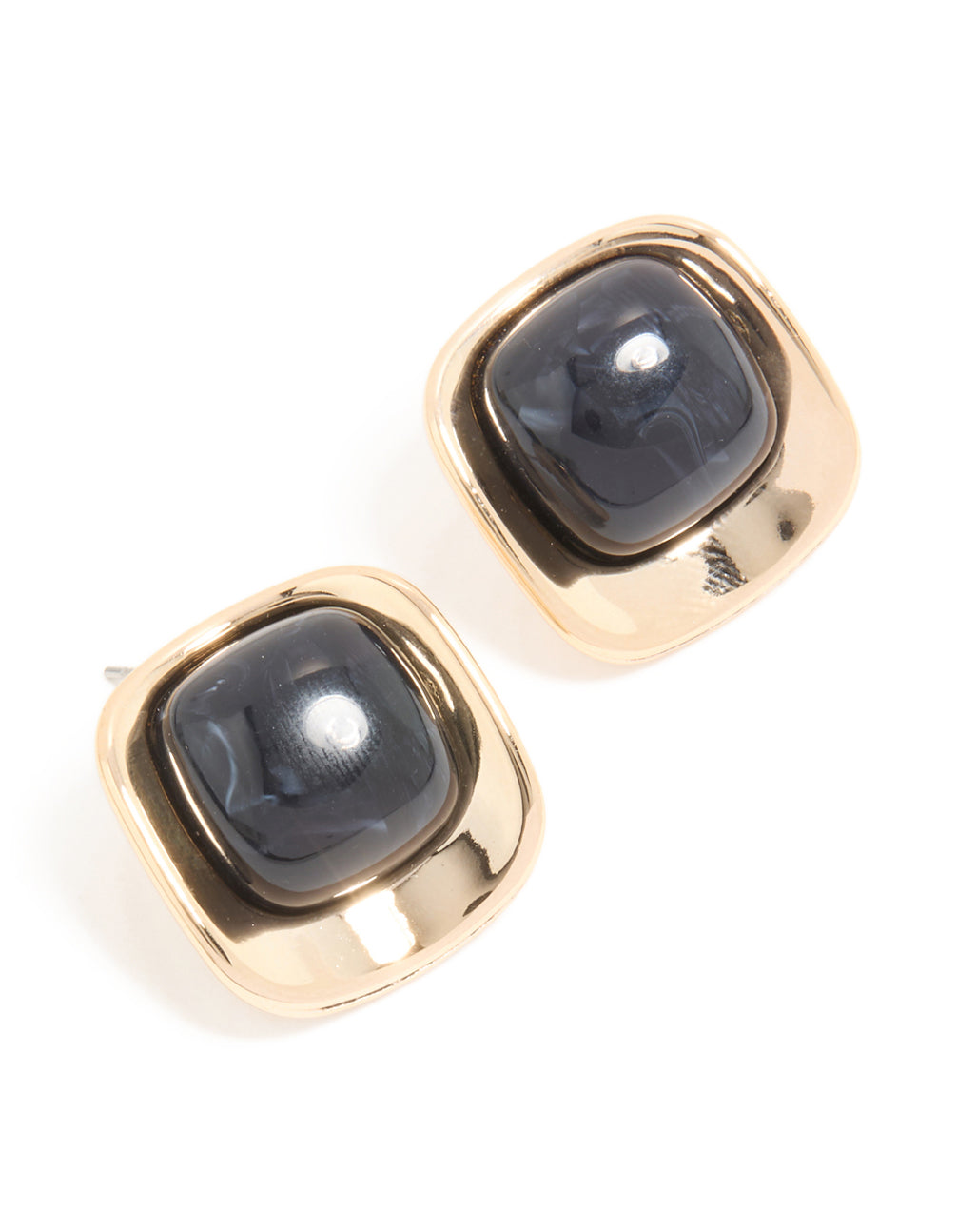 Gold Black Marble Stone Centre Square Stud Earrings