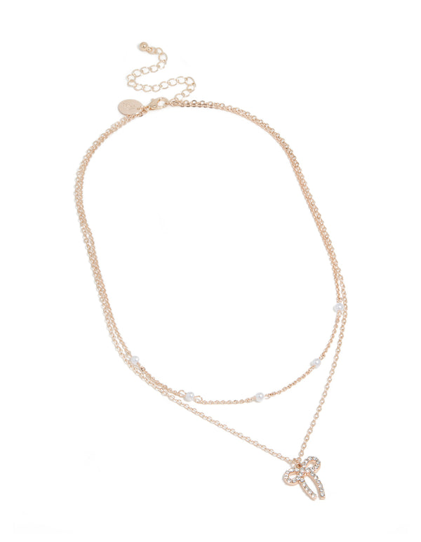 Rose Gold Pearl & Diamante Bow Layered Necklace