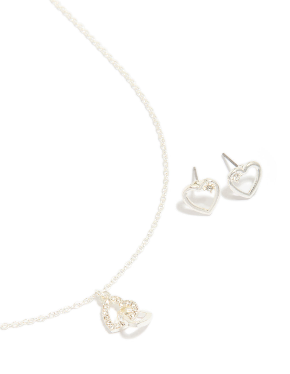 Silver Link Heart Diamante Necklace & Heart Earrings Set