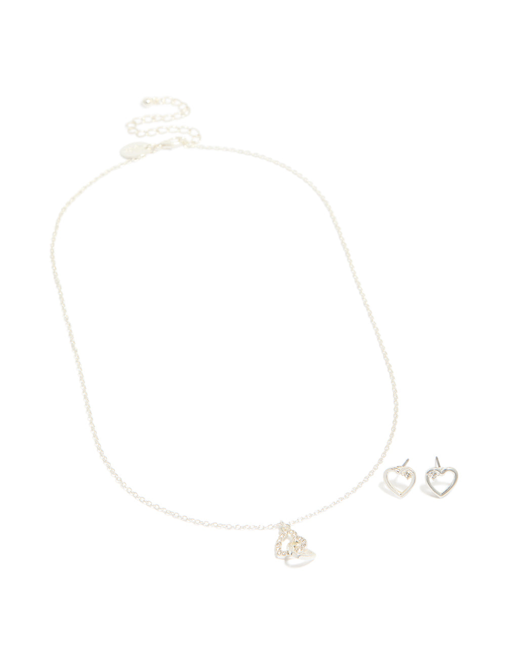 Silver Link Heart Diamante Necklace & Heart Earrings Set