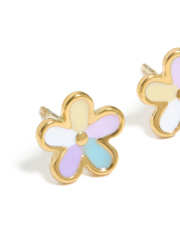 Showcasing waterproof gold plated stainless steel flower stud earrings with floral design in lavender, light blue, and light yellow enamel close up view