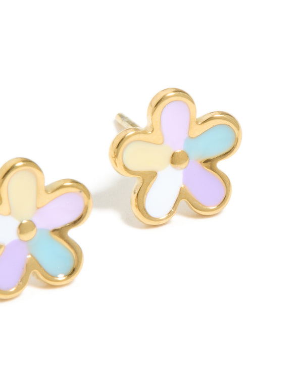 Highlighting waterproof gold plated stainless steel flower stud earrings with floral design featuring lavender, light blue, and light yellow enamel post detail view