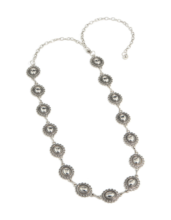 Featuring an antique silver western scalloped oval belt with embellished waisted design and statement style front view
