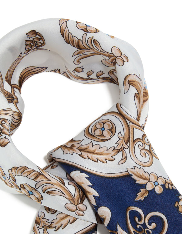 Dark Blue & White Baroque Flower Polyester Fabric Scarf