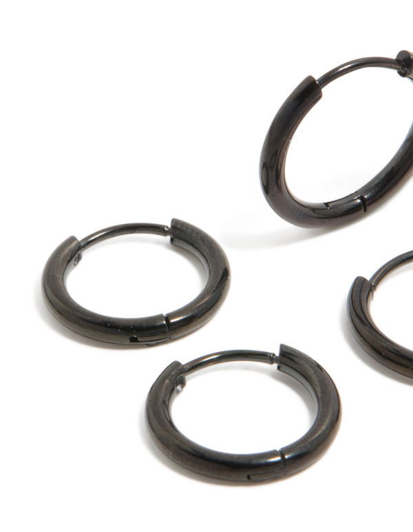 Mens Waterproof Black Coated Stainless Steel Huggie Earrings 2-Pack