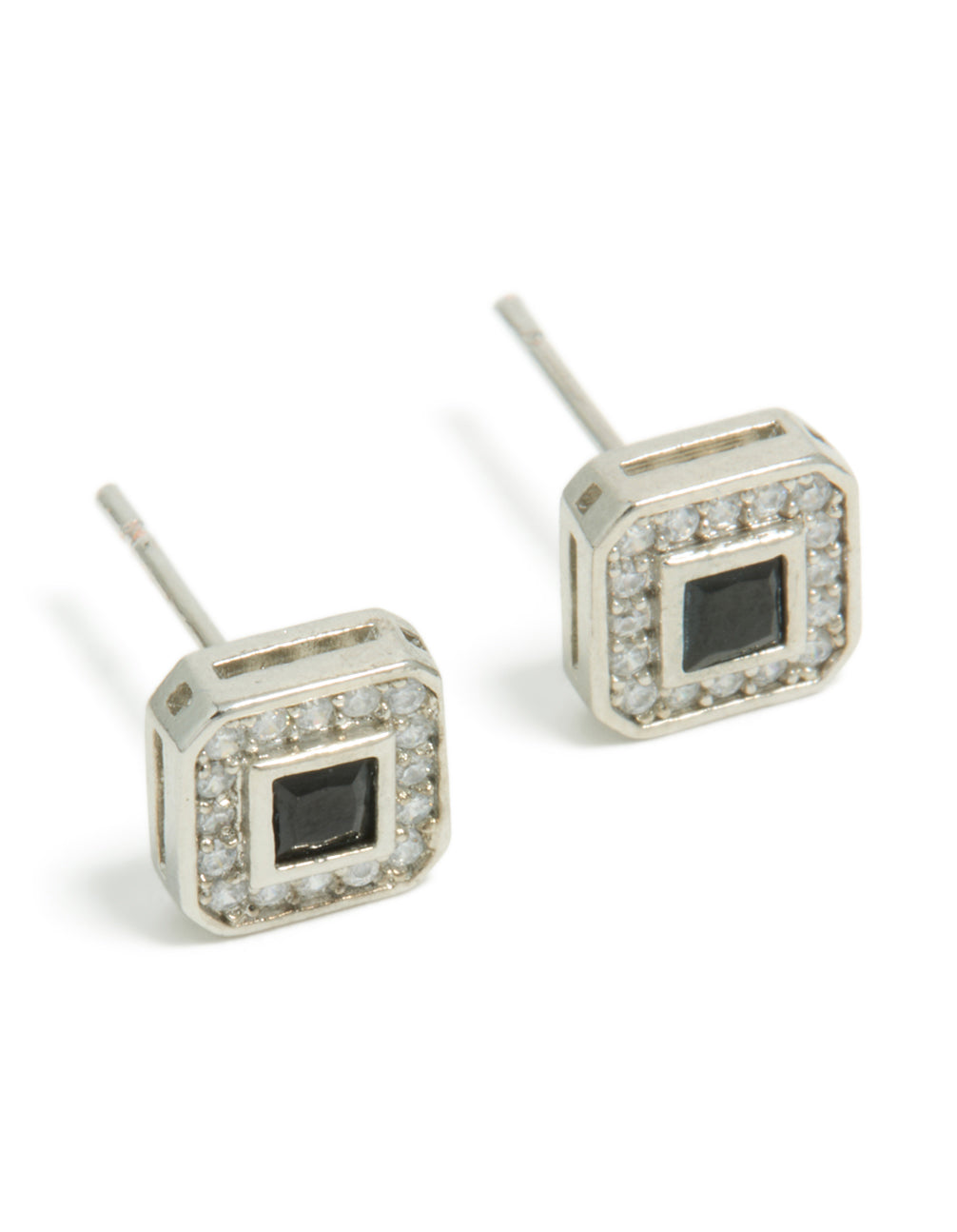 Elevate your look with these men pave square stud earrings designed with waterproof stainless steel and black cubic zirconia front view