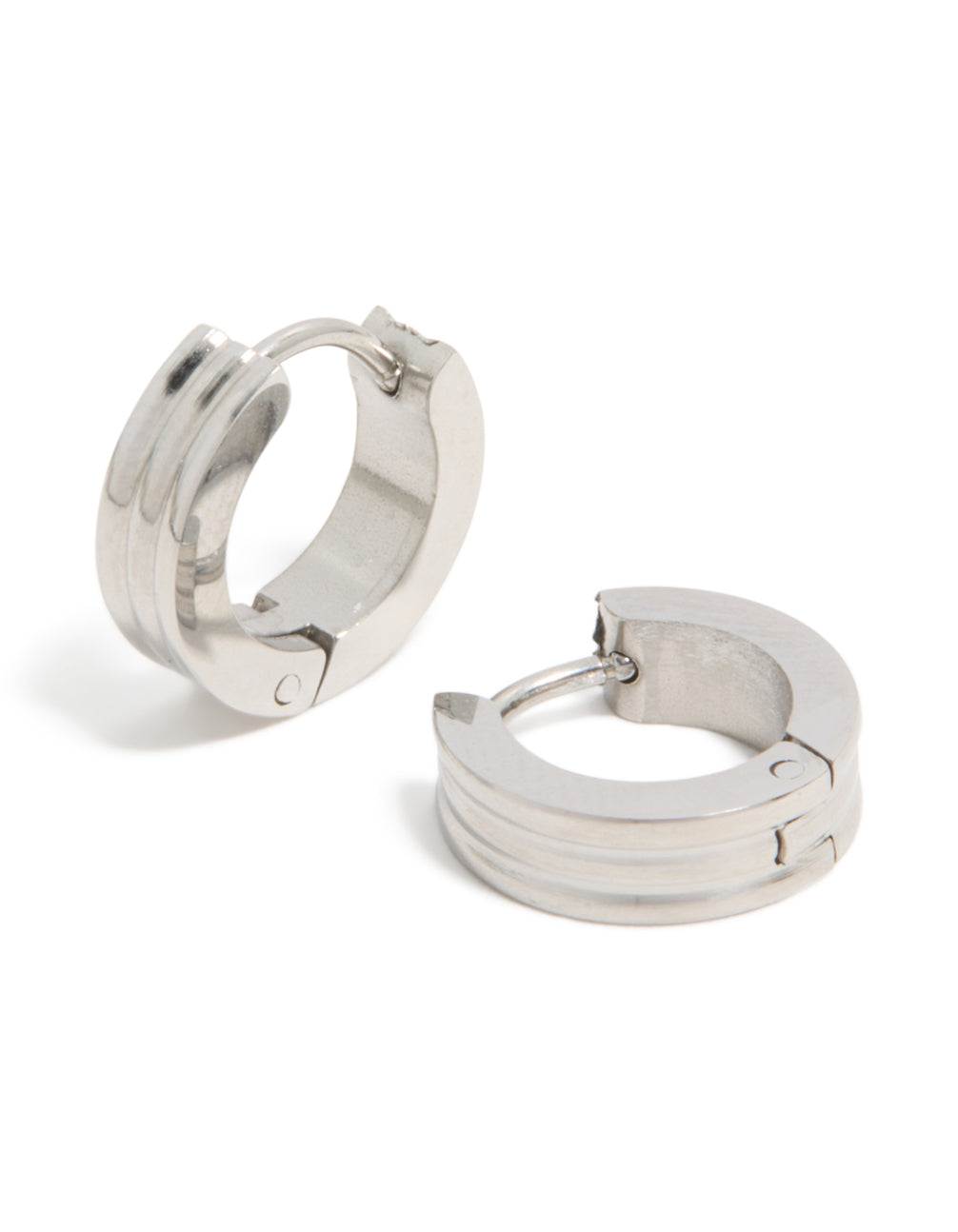 Featuring mens waterproof stainless steel ribbed huggie earrings in silver front view