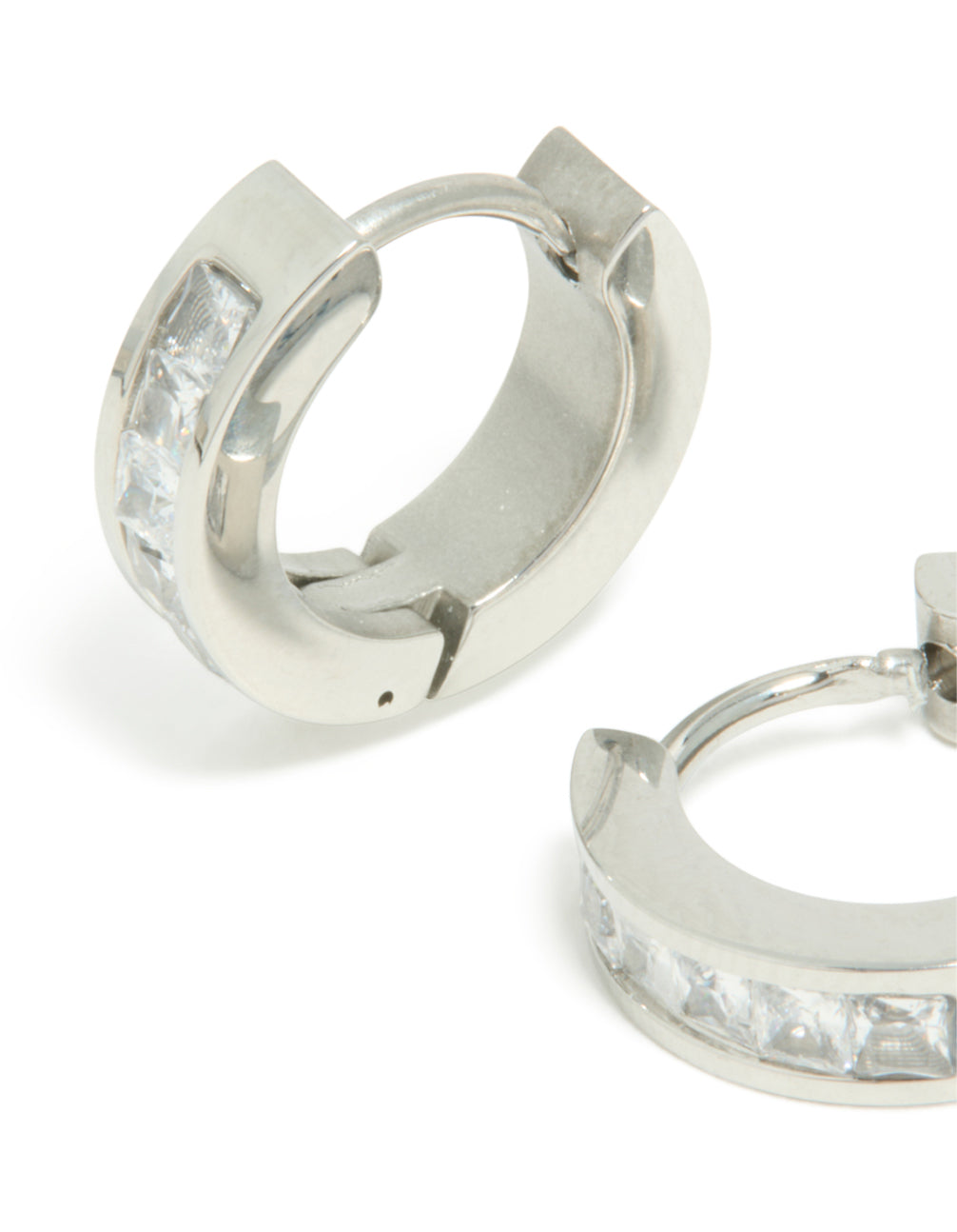 Designed with mens waterproof stainless steel square cubic zirconia huggie earrings in silver close up view