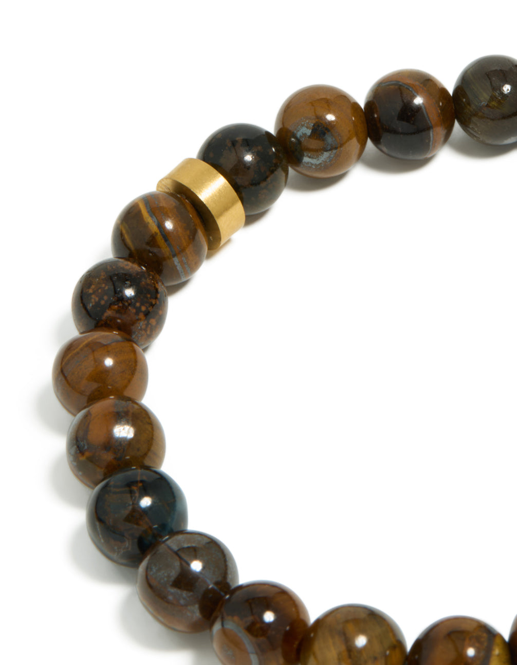 Highlighting mens waterproof stainless steel tiger's eye beaded bracelet in close up view