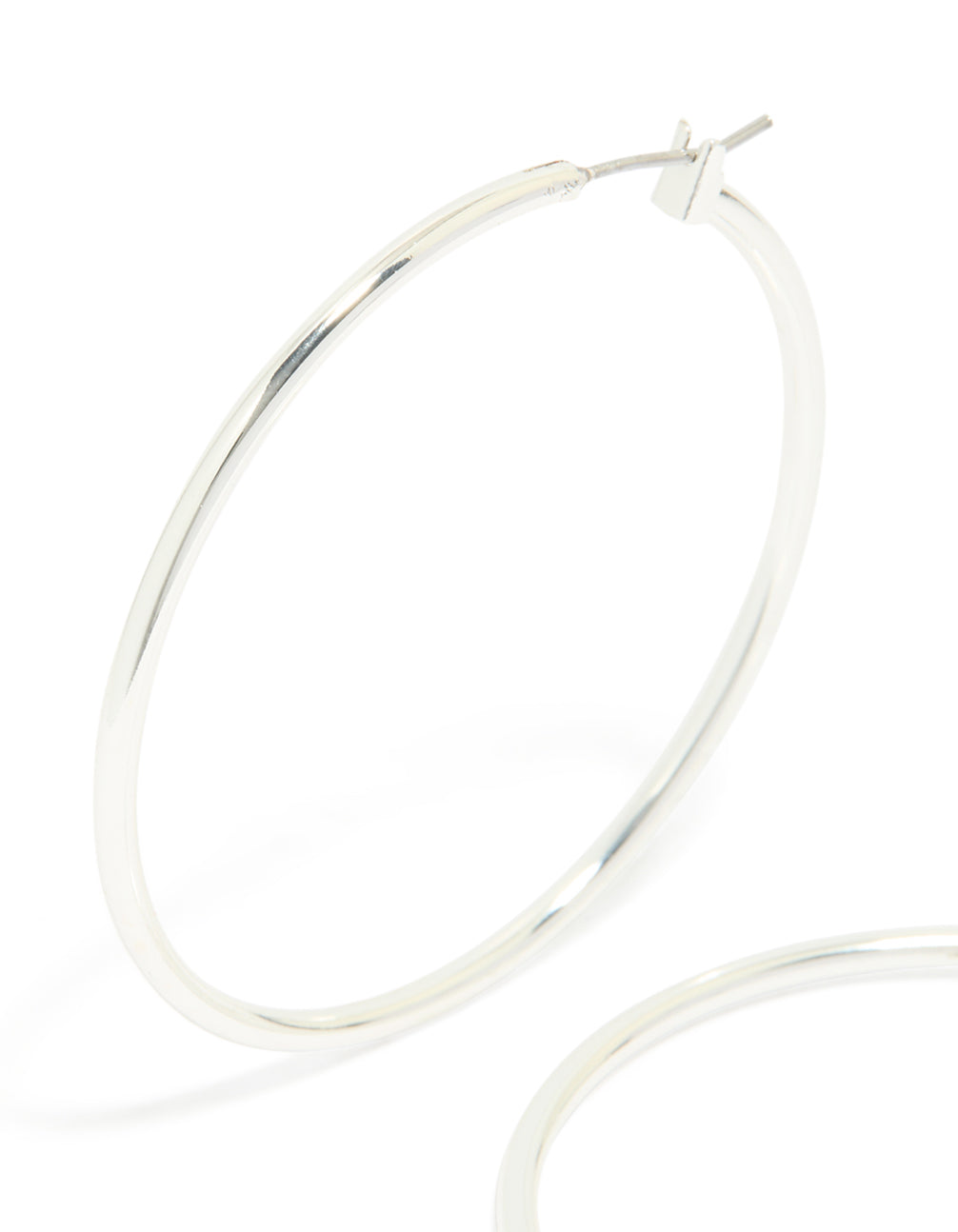 Beautifully designed large thin hoop earrings in silver plated material with closure close up view