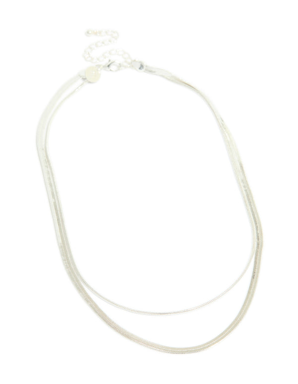 Displaying the silver plated layered necklace featuring sleek snake chain front view