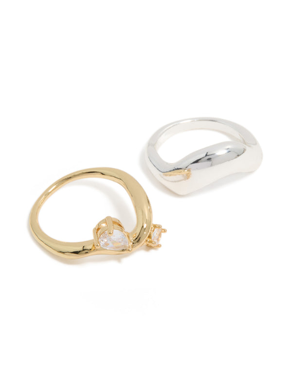 Mixed Metal Plated Cubic Zirconia Chunky Wave Rings 2-Pack