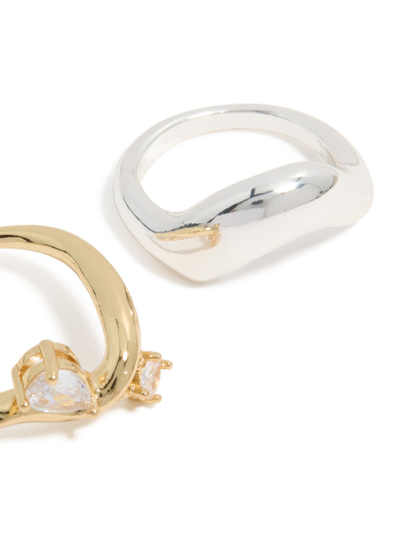 Mixed Metal Plated Cubic Zirconia Chunky Wave Rings 2-Pack