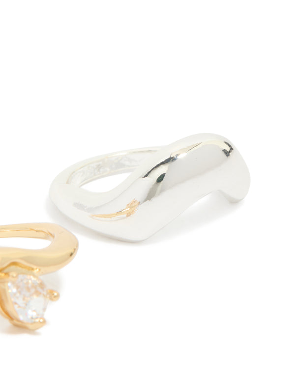 Featuring mixed metal plating in gold and silver, this chunky wave ring 2-pack with cubic zirconia side detail view