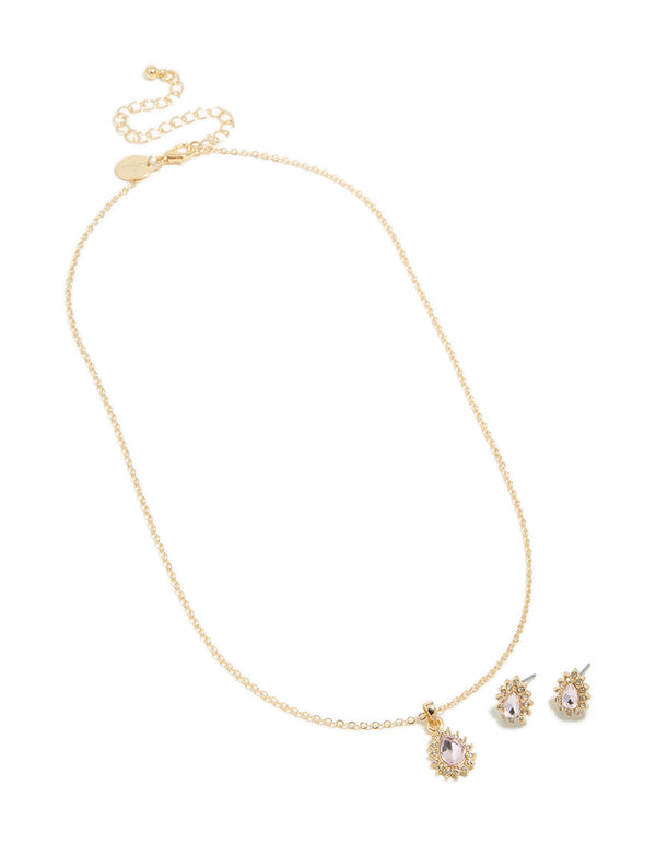 Gold Lilac Diamante Pear Necklace & Earrings Set