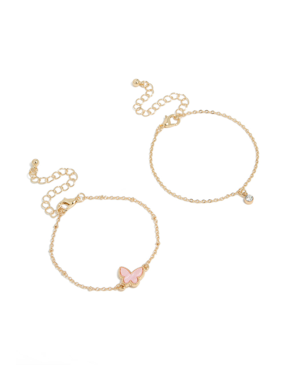 Showcasing gold in diamante and butterfly feature bracelets in a 2-pack front view
