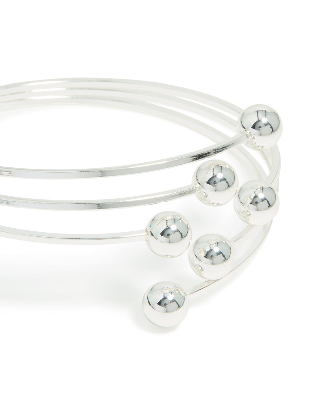 Elegant silver ball layered wrap around bangle close up view