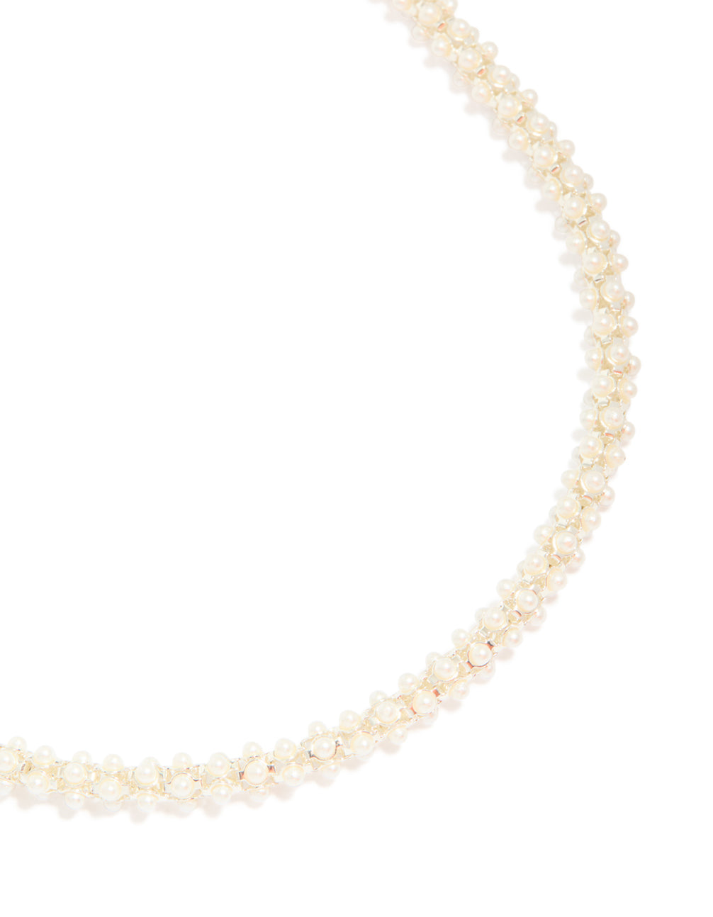 Elegant fireball pearl necklace crafted from silver plated metal close up view