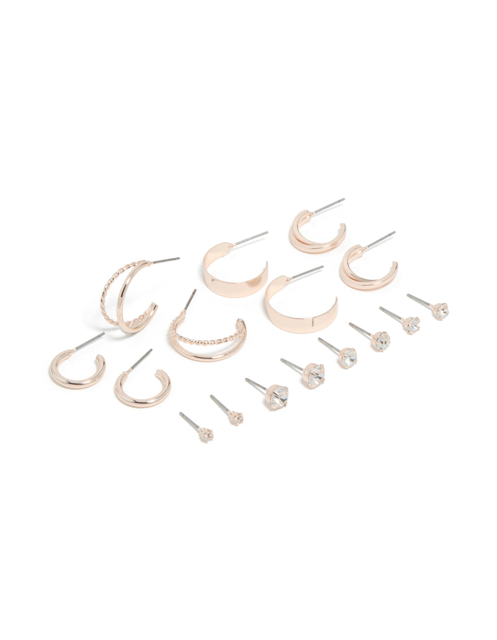 Showcasing a rose gold diamante stud and hoop earrings 8-pack front view