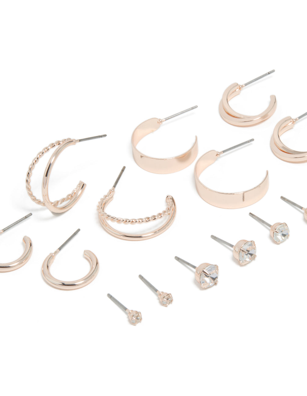 Featuring a rose gold diamante stud and hoop earrings 8-pack close up view