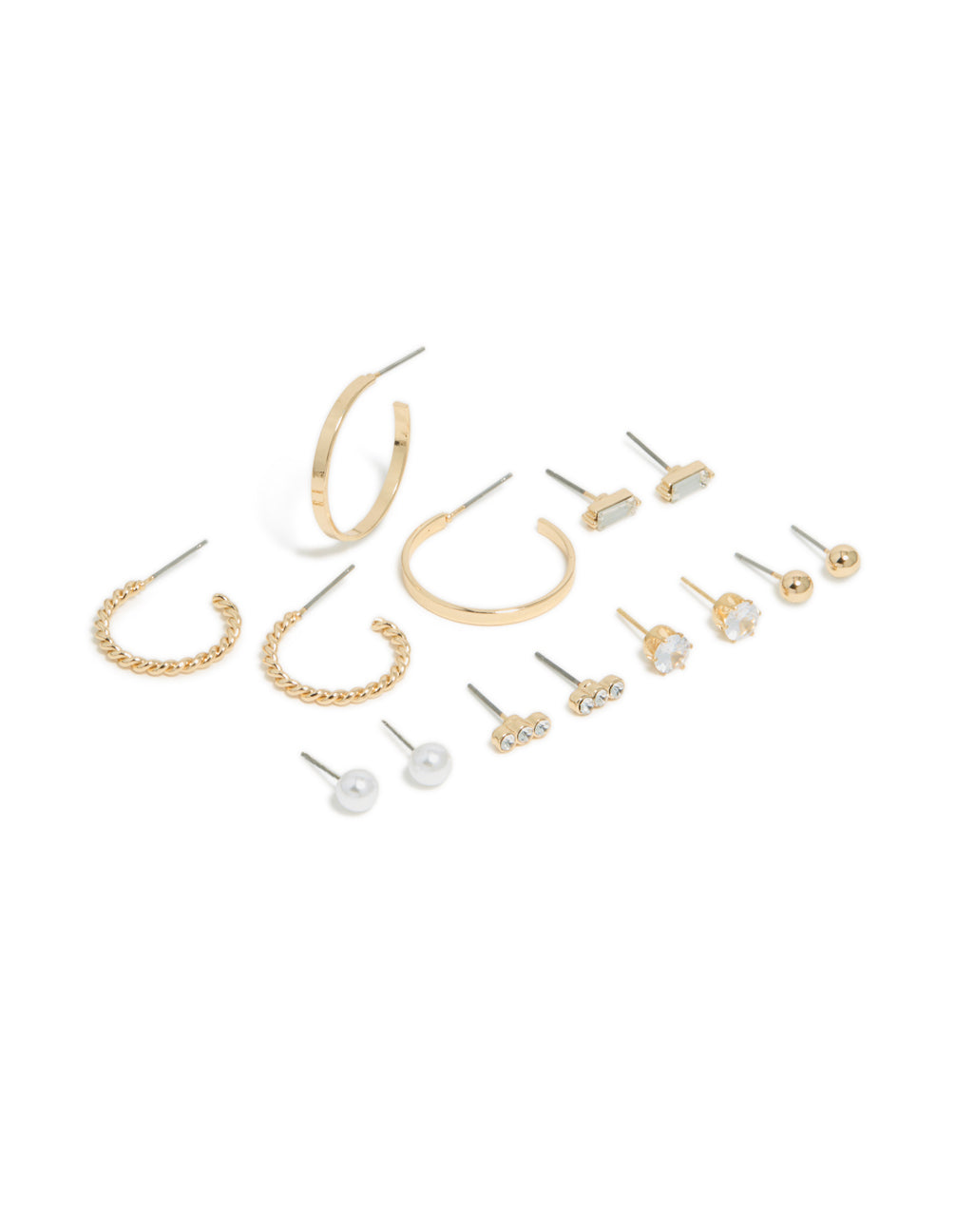 Featuring gold mixed circle stud and hoop earrings in a 7-pack with bar details and pearl accents front view