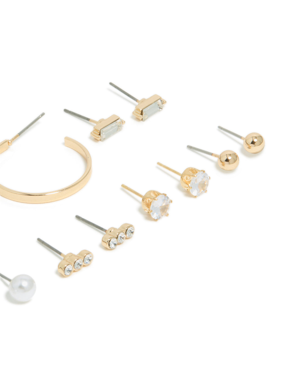 Designed with gold mixed circle stud and hoop earrings in a 7-pack featuring bar details and pearl accents post detail view