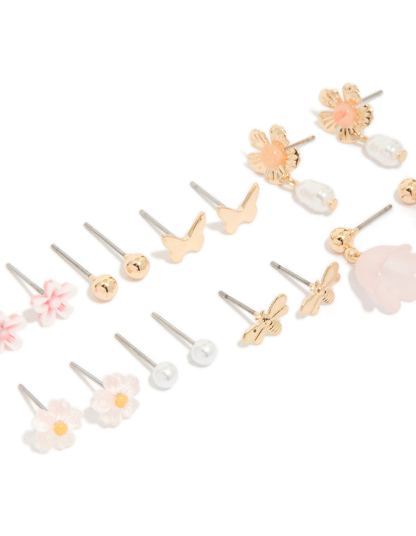 Gold Pearl & Floral Stud Earrings 8-Pack