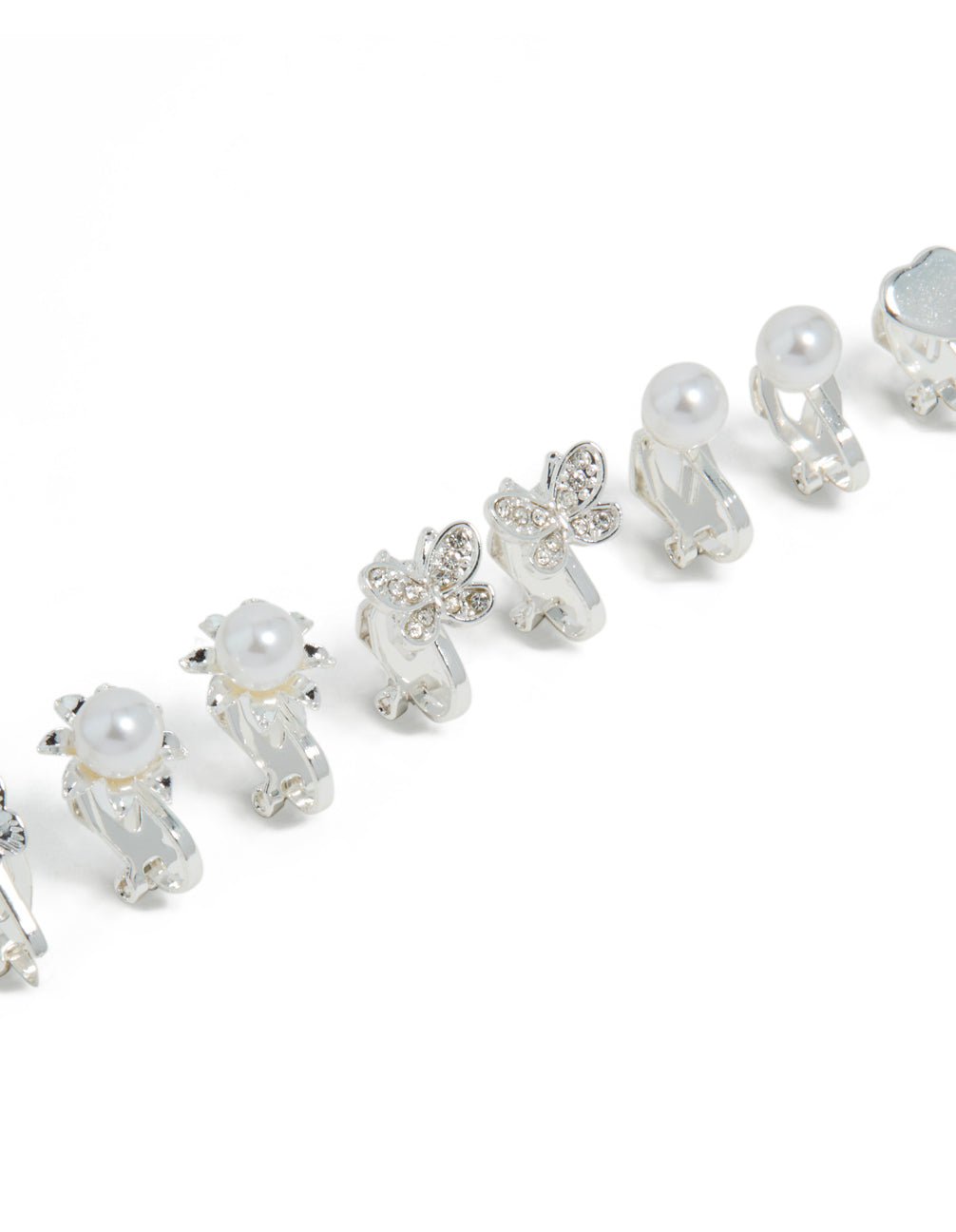Silver Pearl & Pretty Motif Clip On Earrings 5-Pack with butterfly and heart features close up view