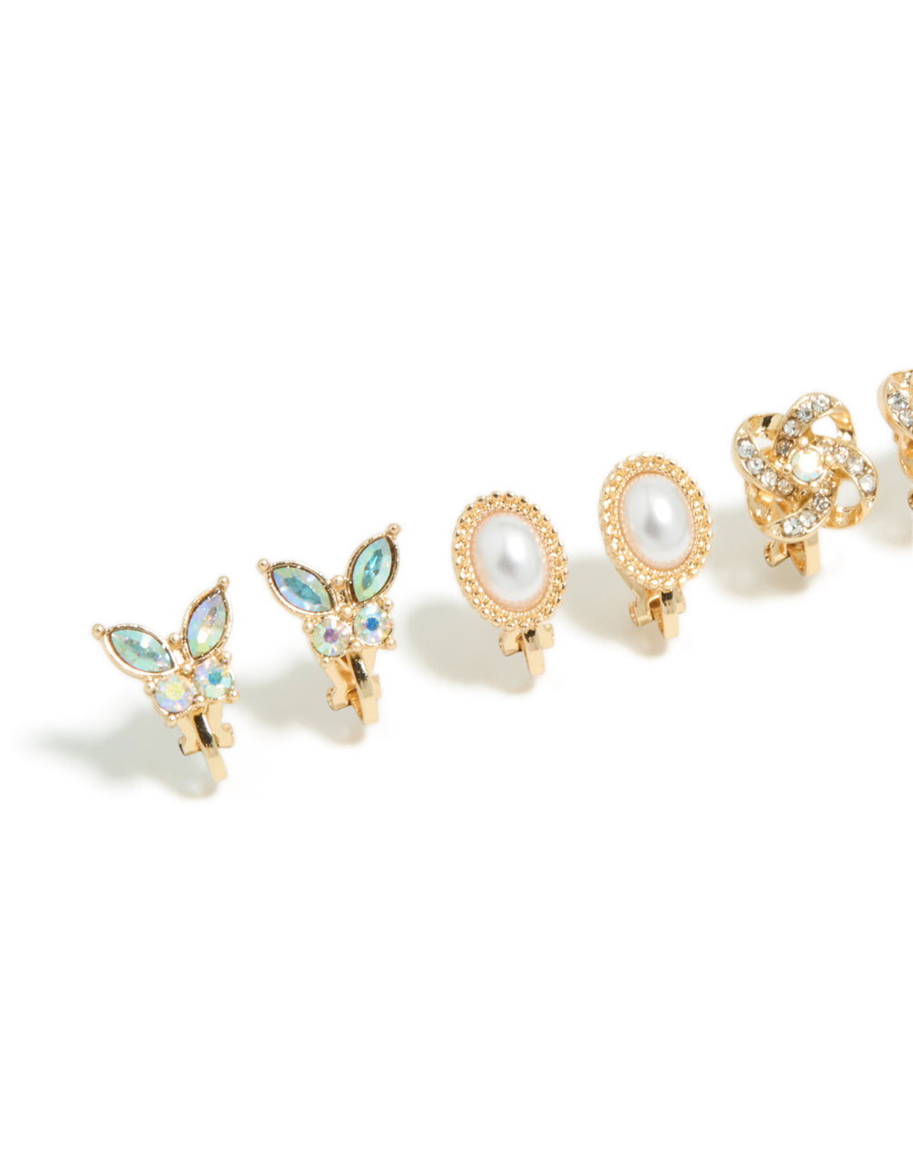 Beautifully designed gold butterfly clip on earrings in a 5-pack with floral and pearl details close up view