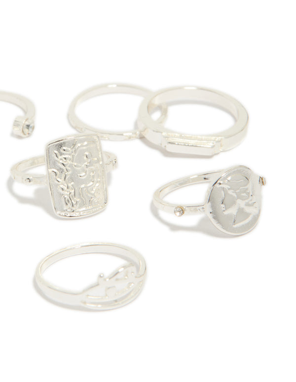 Discover silver roman numeral and diamante rings 9-pack close up view