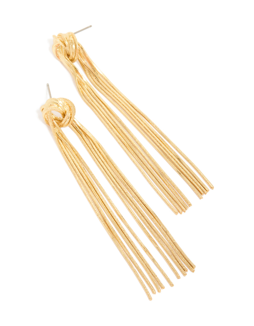 These gold plated statement fringe knot earrings front view