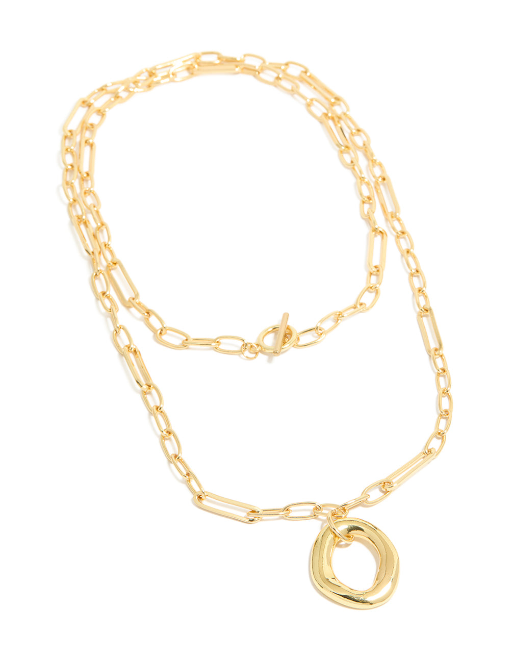 Featuring gold plated oval toggle clasp chain layered necklace with pendant front view