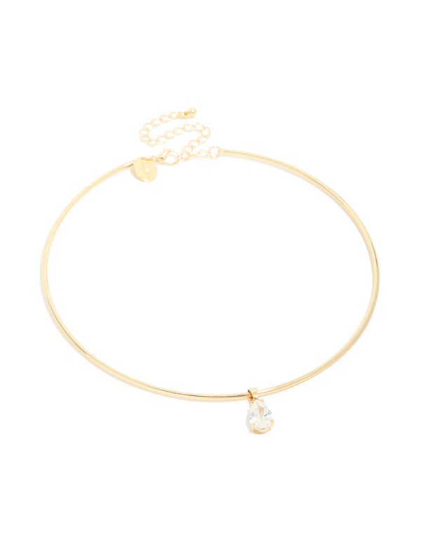 This gold plated torque necklace design features cubic zirconia teardrop pendant in dainty statement style front view