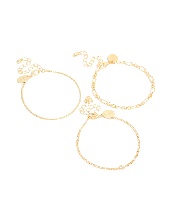 Crafted with gold plated cubic zirconia and chain bracelets in a 3-pack front view