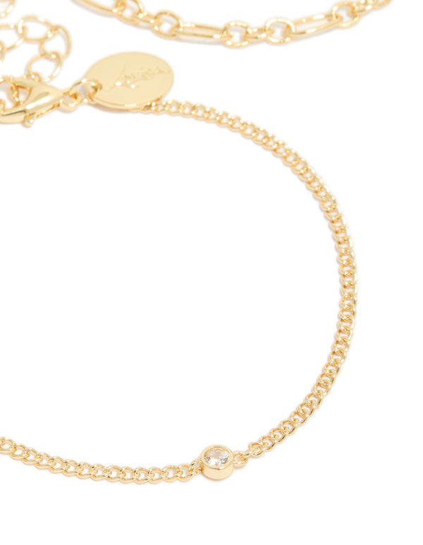 Designed with gold plated cubic zirconia and chain bracelets in a 3-pack close up view