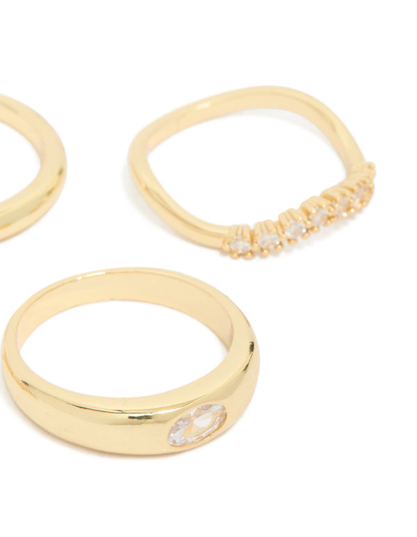 Gold Plated Cubic Zirconia & Plain Rings 4-Pack