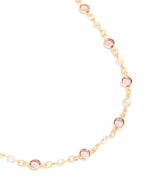Gold Plated Pink & Clear Cubic Zirconia Station Necklace