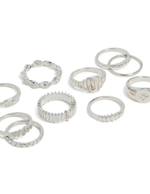 Explore silver signet ribbed and twist rings 10-pack with celestial star accents in statement design detail view
