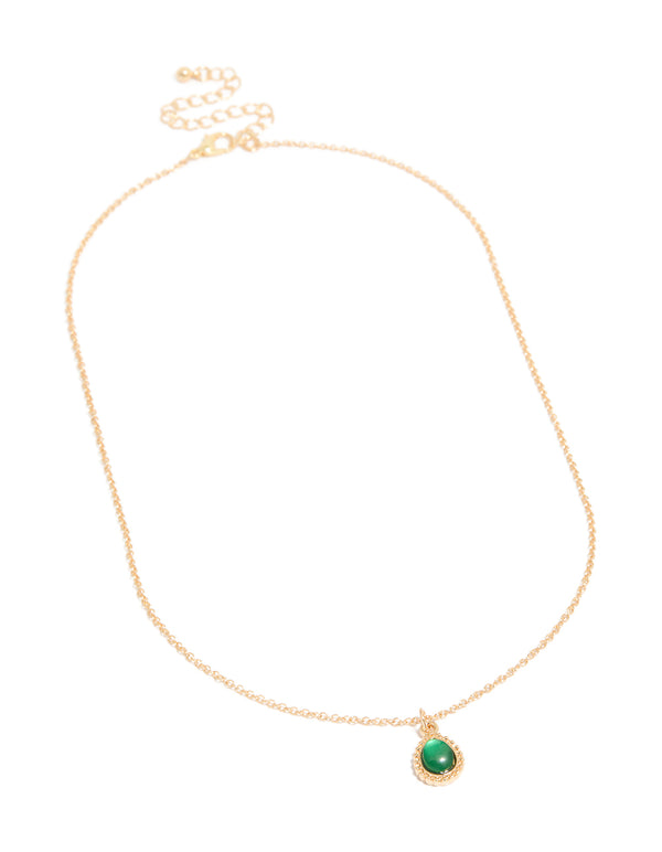 Gold Green Diamante Simple Teardrop Pendant Necklace