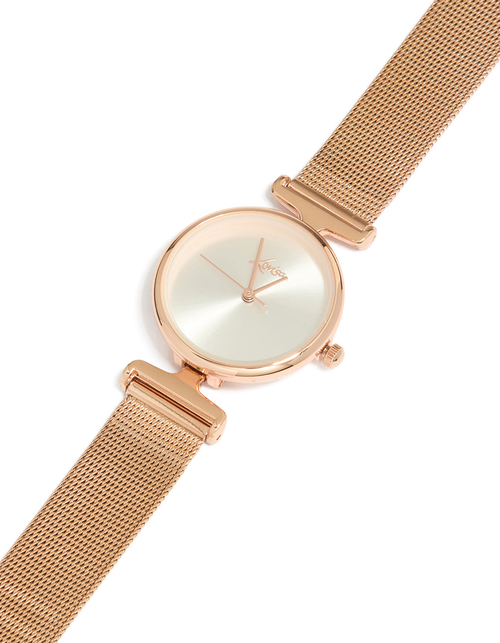 Discover this women's analog watch featuring white dial, round shape, casual styling, mesh strap in rose gold watch face detail view