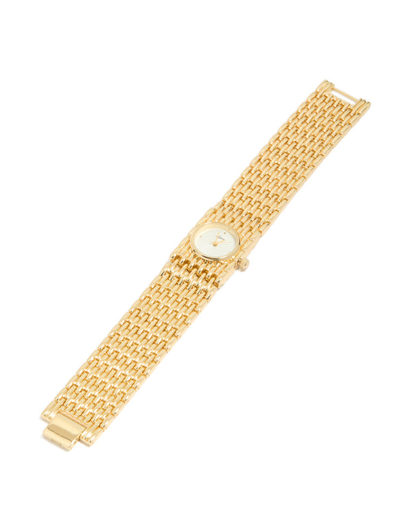 Beautifully crafted, this women's chunky statement bracelet watch with white dial look with stone, round shape, analog display, link band in gold, and casual occasion styling front view