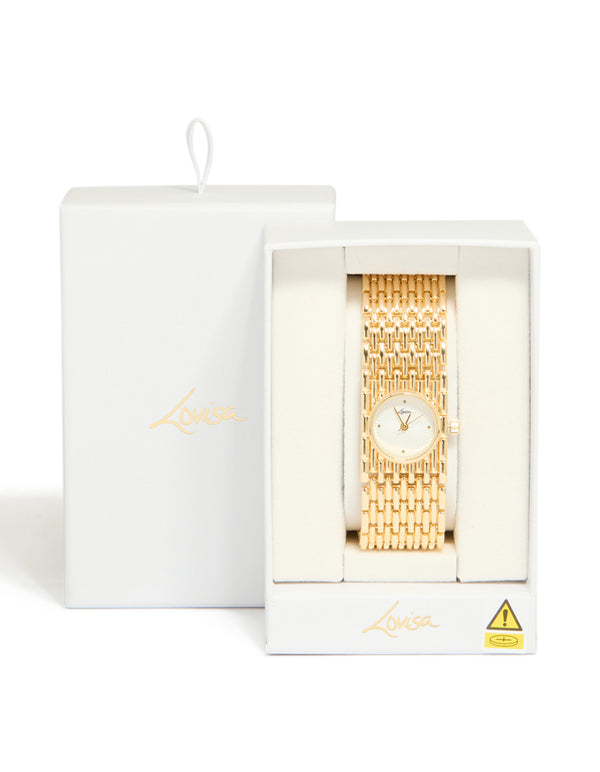 Beautifully designed, this women's chunky statement bracelet watch with white dial look with stone, round shape, analog display, link band in gold, and casual occasion styling, shown in packaging case detail view