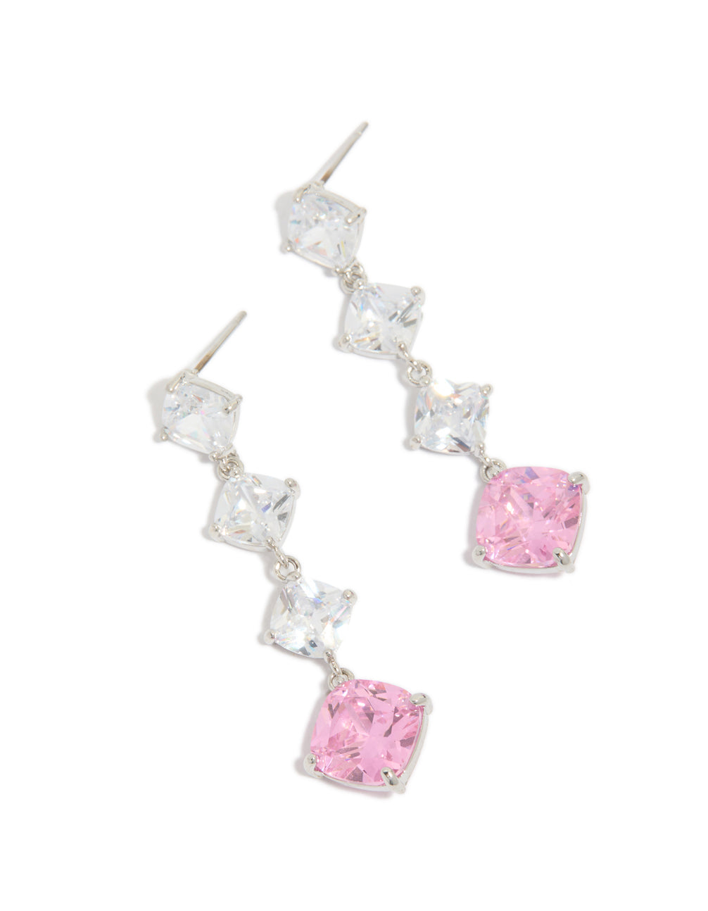 Elegant silver pink cubic zirconia rhombus drop earrings featuring clear and gradient stones front view