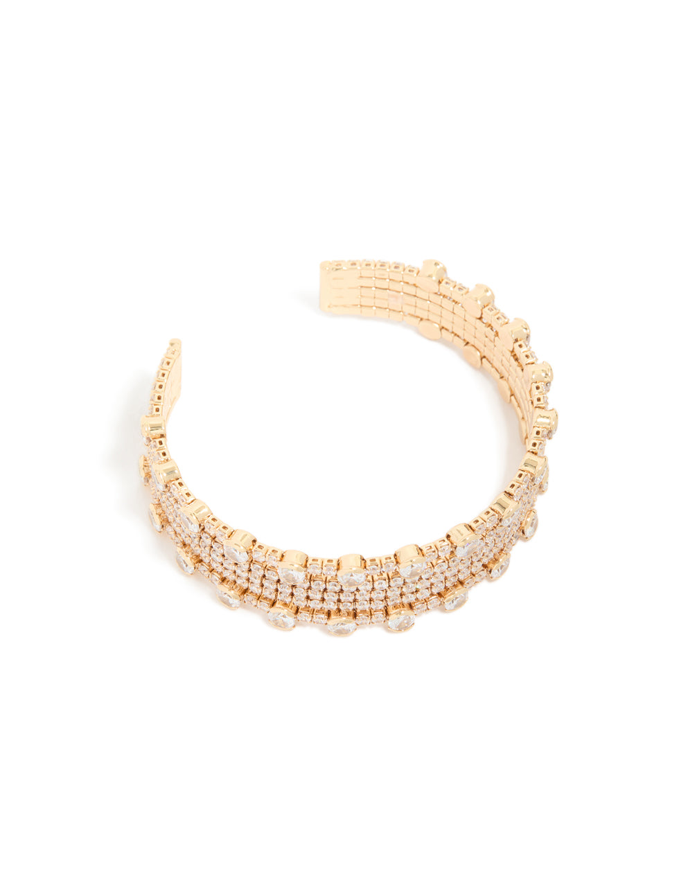 Showcasing a gold mini bezel set cubic zirconia wrist cuff front view