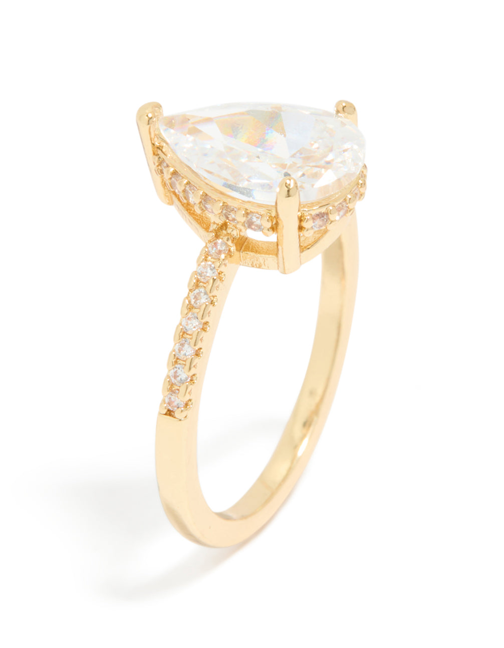 Crafted from gold plated material, solitaire pear cubic zirconia textured ring with crystal featuring statement style side detail view